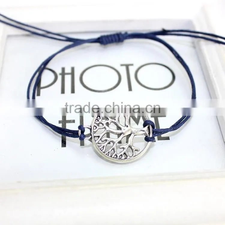 antique silver hollow tree of life charm bracelet customized charm wax cord bracelet cheap personalzied bracelet for promotion