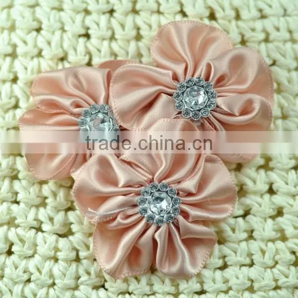 handmade satin flower with rhinestone center for kids hair accessories