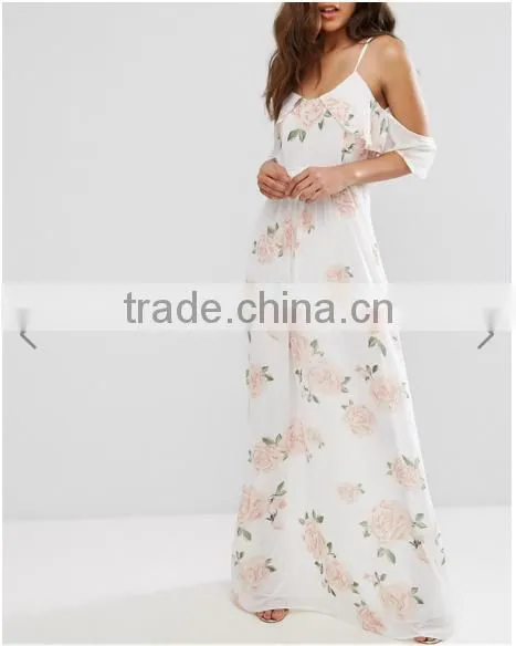 Guangzhou Wholesale Clothing OEM Cold Shoulder Rose Floral Fresh Dresses