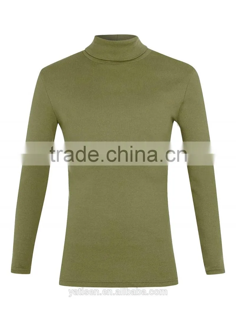 Khaki Ribbed Roll Neck men T-Shirt Wholesale Customized Logo Organic Cotton gym muscle long sleeves T shirts