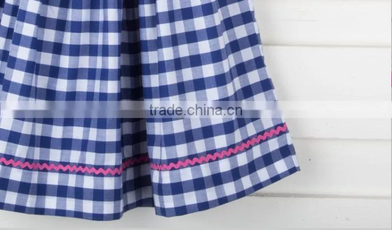 Blue plaid children frocks designs Kids Smocked clothing short sleeve Baby Girl Dresses