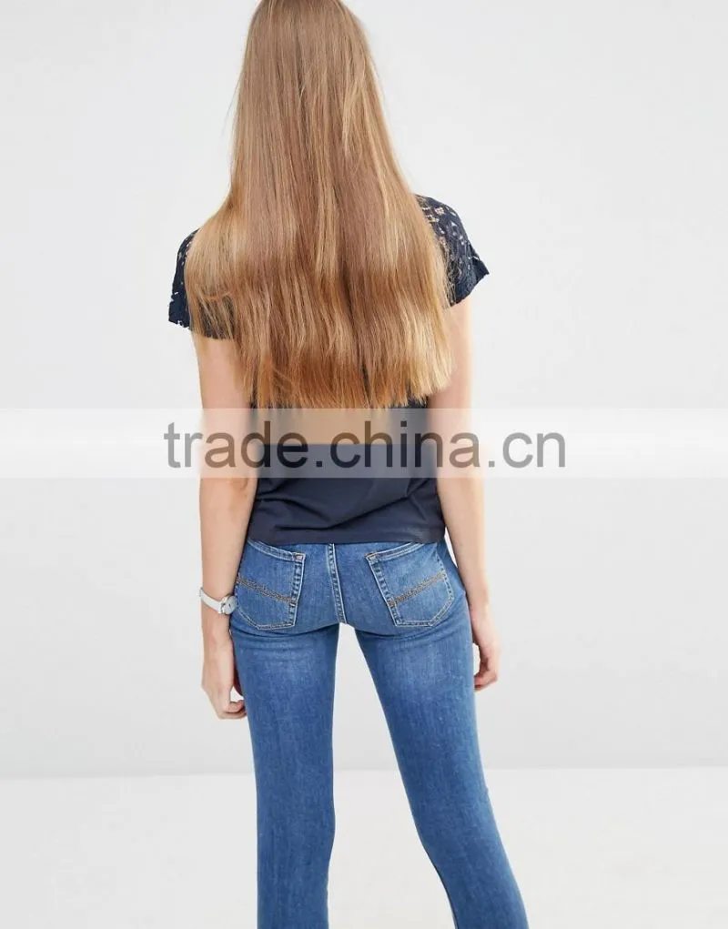 2016 wholesale women t shirt blank cotton t and model shirt with lace sleeve