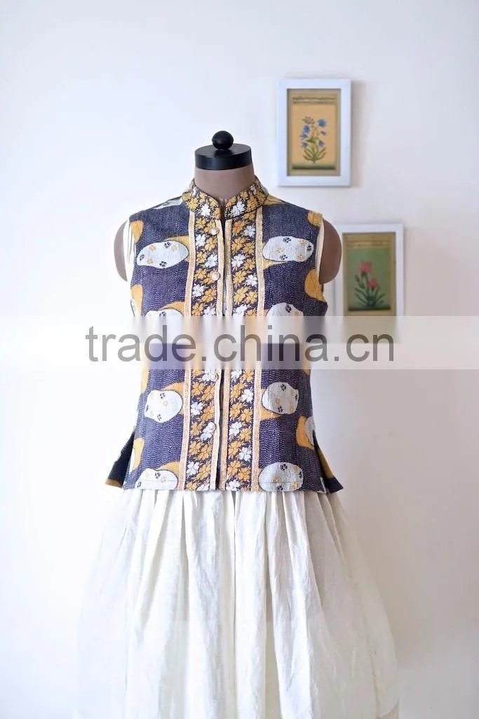 Vintage Kantha Vest in Yellow & Purple Floral Print ~ Small