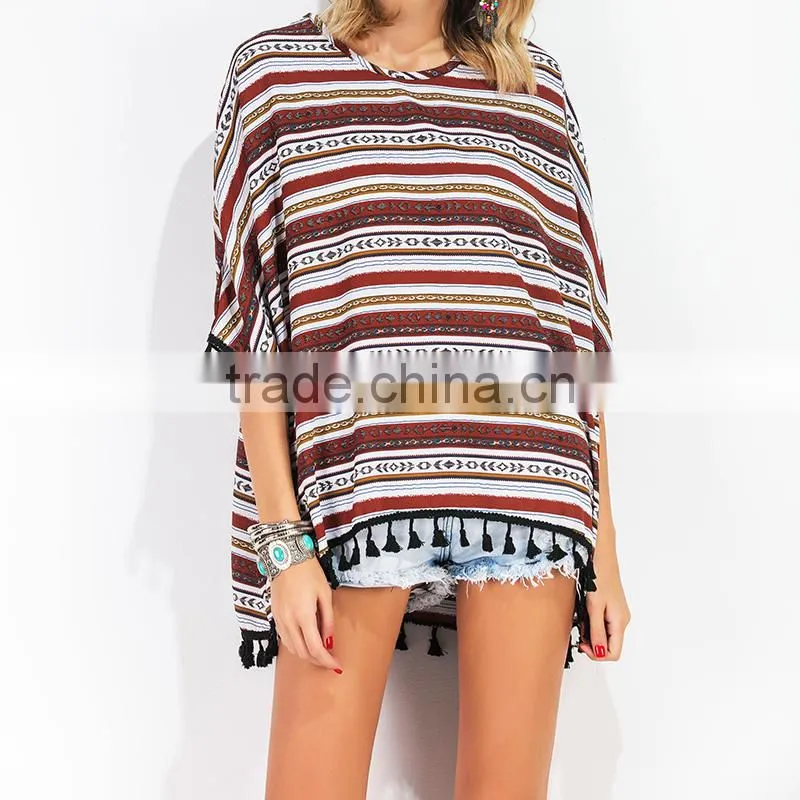 2017 tassel loose striped summer ladies short sleeve