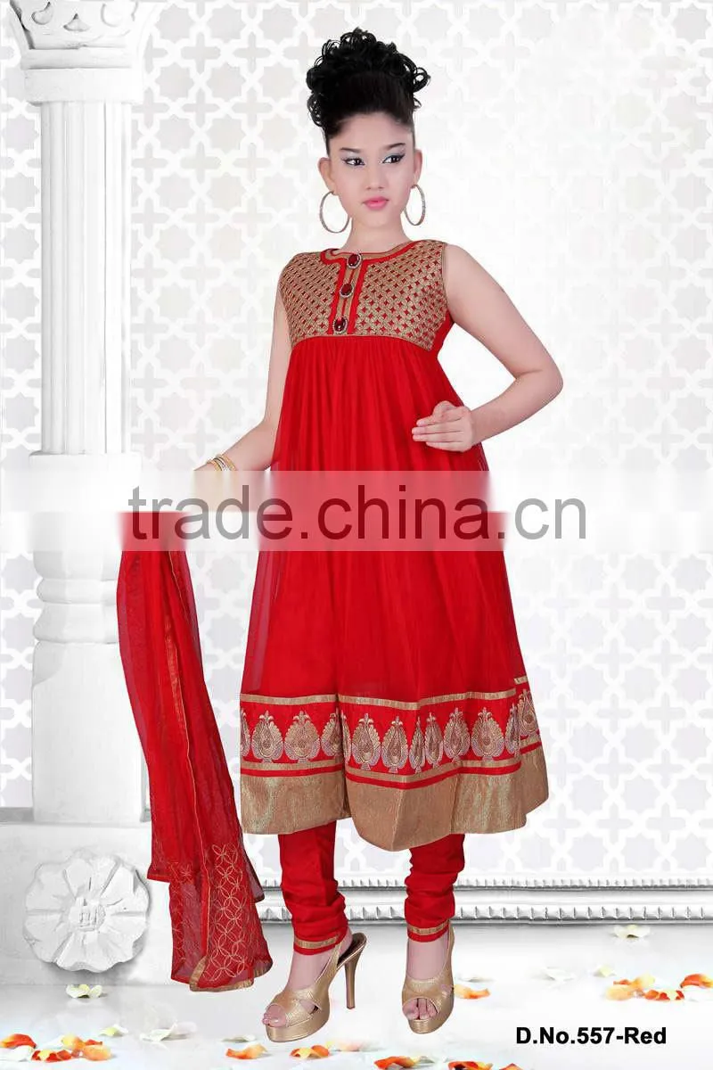 Lovely Red color with orange design at neck salwar kameez sizzling Girls Ready Made