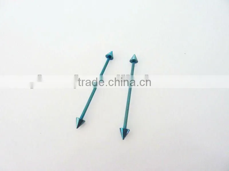 Wholesale New Hot Charm 14G 316L Surgical Stainless Steel plate anodized blue piercing industrial spike barbell tongue ring