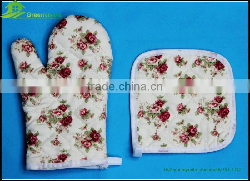 Cotton printed yellow stripe oven mitt & pot holder Factory Eco friendly pot holders and oven mitts 2 kitchen sets-oven