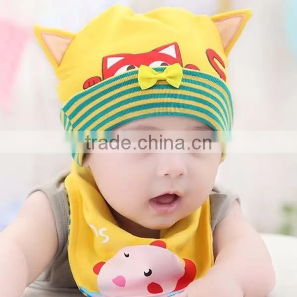 beautiful lovely cat design bowknot knit baby hat with bibs