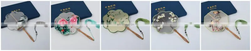 Chinese style multi-pattern silk embroidery handmade fan with wooden handle and tassel pendant
