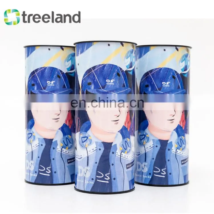 Recyclable round shape packages re-usable tin plug cardboard tube box packaging for socks