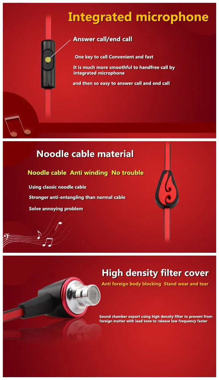 popular red rohs earbuds special flat cable earphone mobile headphone