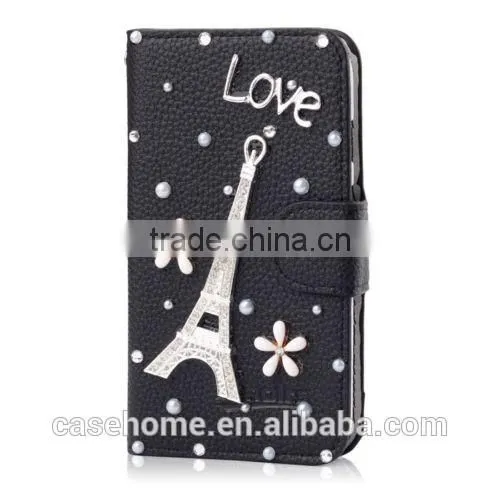 New Fashion Bling Crystal Diamonds Pearls PU leather flip stand wallet case cover for iphone6s