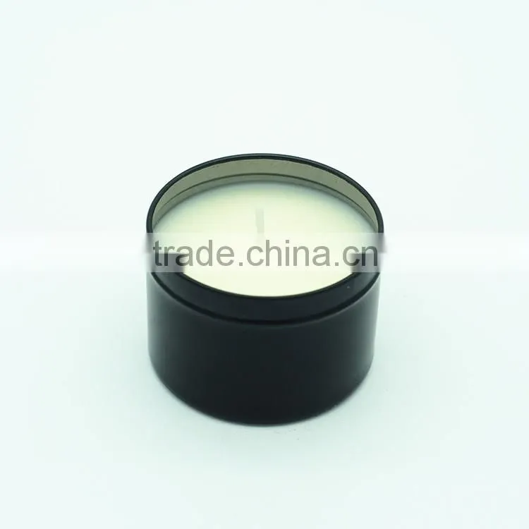 silvery tin scented soy candle with custom sticker
