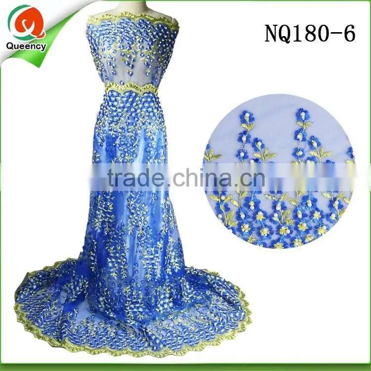 NQ180-7 orange nigeria fabric tulle net lace fabric with pearls