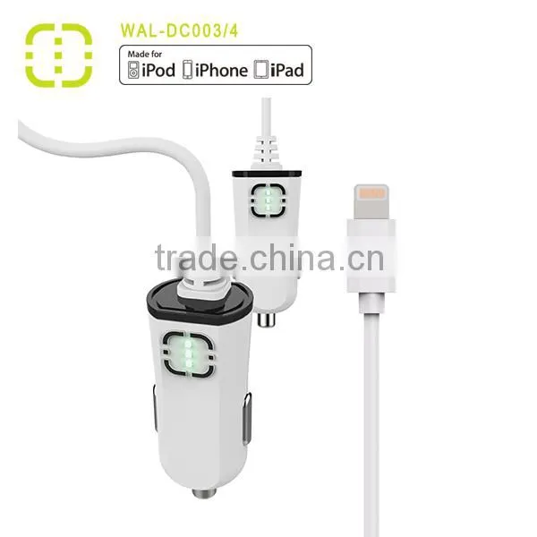 Walnut brand single car charger with attached MFI cable