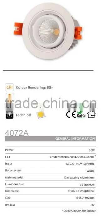 ON4070A Whosale High power 15W Dimmable COB LED conceal downlight