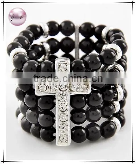 Silver Tone Black Acrylic Clear Rhinestone Cross Stretch Ring