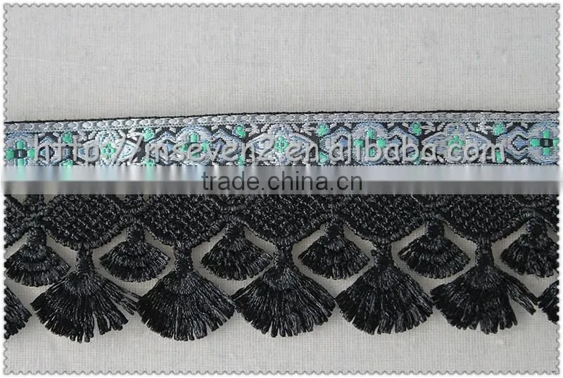 Wholesale 5.7cm scalloped shaped fringe trimming, Black tassel fringe, high-grade jacquard ribbon