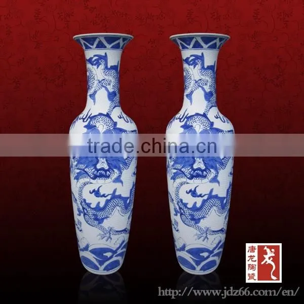 Antique Tall Blue White Porcelain Oriental Dragon Vases With Hand Carved