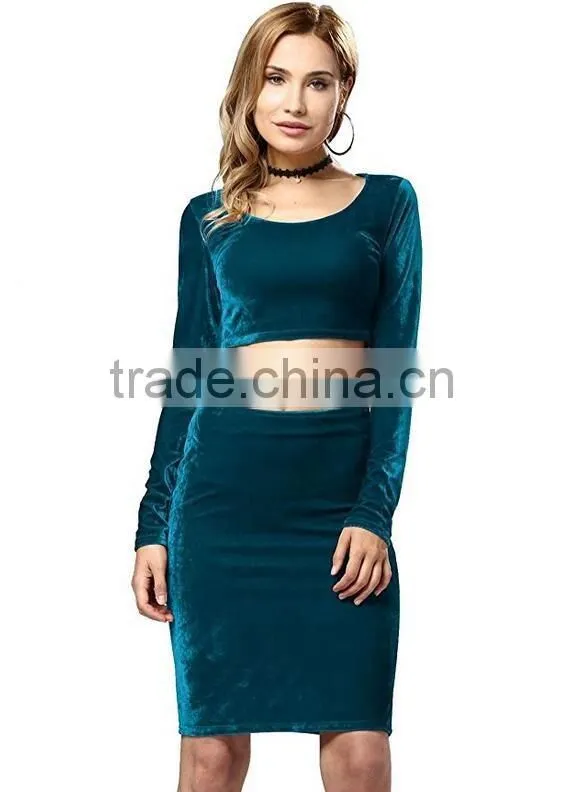 Dropshipping Apparel 2017 Latest Fashion Women's Pleuche Sexy Bodycon Crop Top Midi Skirt Dress 2 Piece Outfit Set
