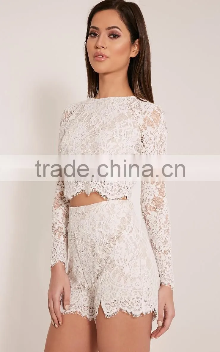 Crochect white lae designs long sleeve two piece sets Lace crop top and short pants designs