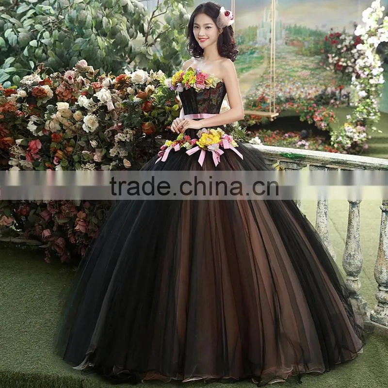 MGOO High End Black Puff Ball Prom Dress Beautiful Black Maxi Dress With Colorful Flowers Vestidos YDYS15B0018