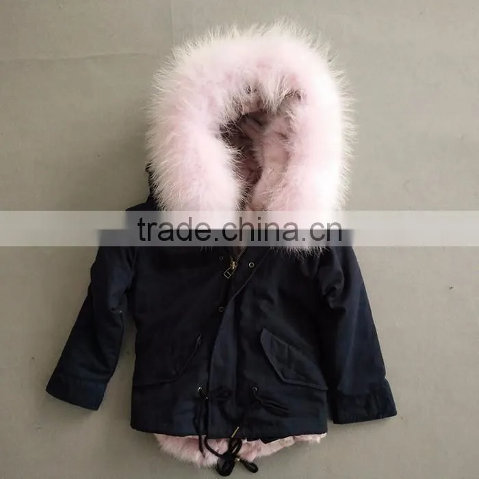 Myfur Cute Girls Pink Raccoon Fur Hooded Fox Fur Lining Cotton Waterproof Parka Jackets for Kids