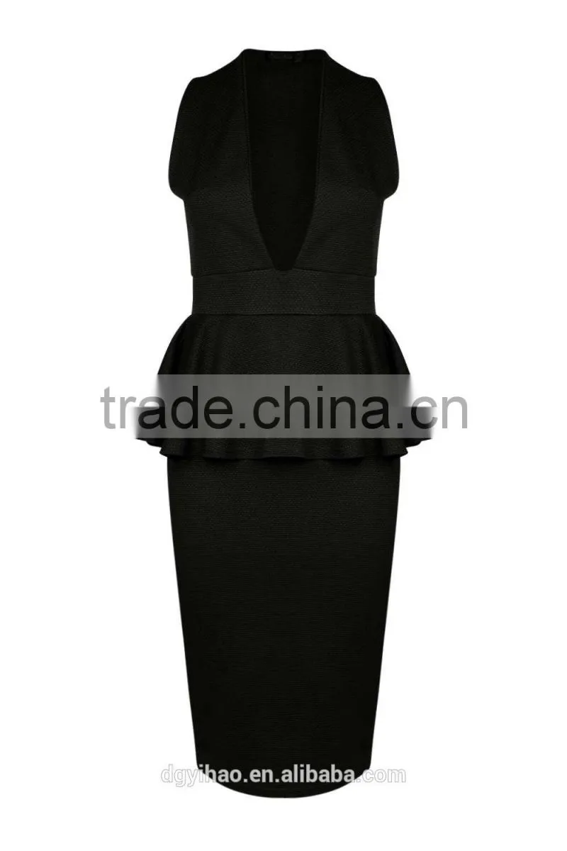 Yihao OEM factory 2016 women new summer latest designs V Neck Midi Peplum Dress fashion for ladies