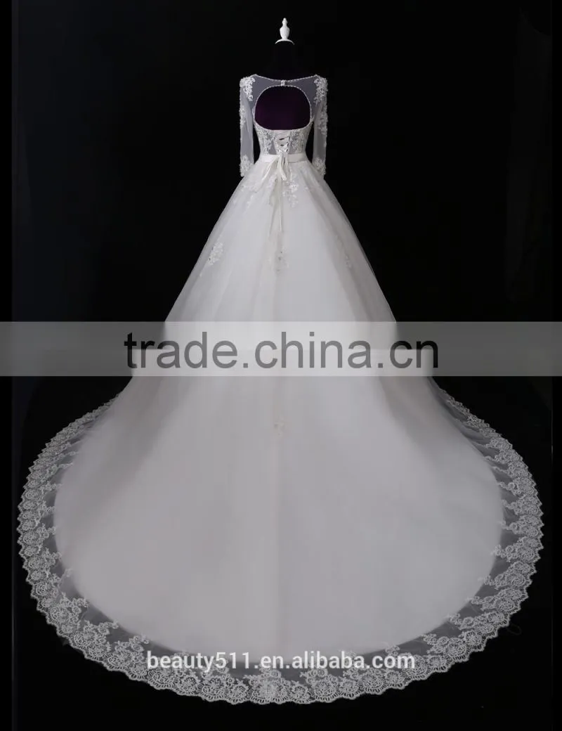 Latest Designs Elegant A-line Beaded Scoop Long Sleeve Floor-length Empire Lace Princess wedding gowns F12801