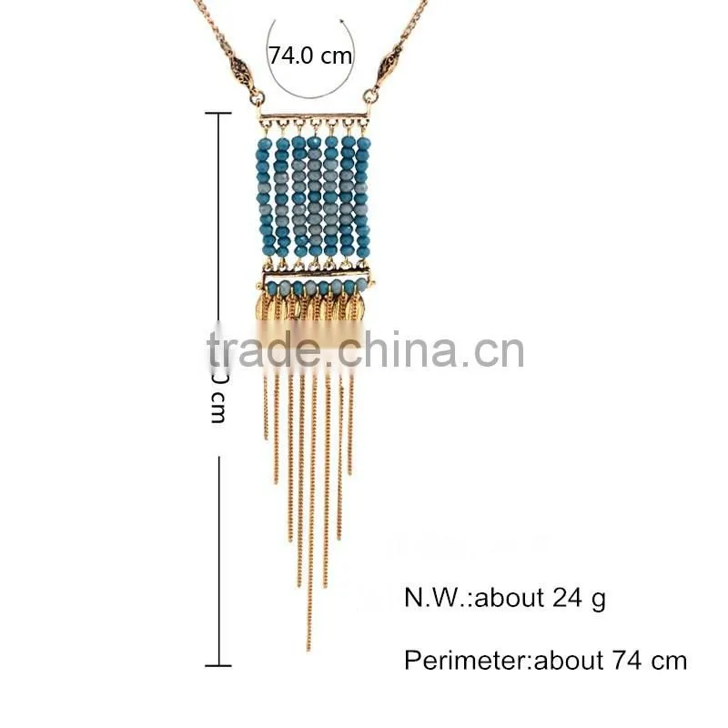 Turkish Gold Jewelry Blue Beads Chains Tassels Pendant Necklace