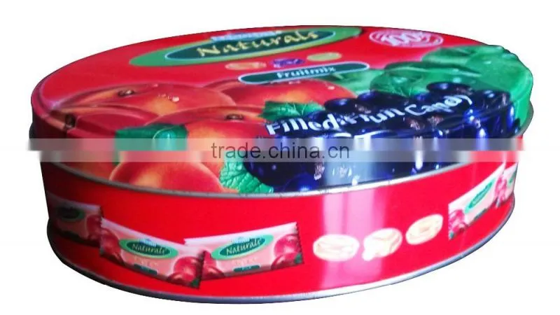 colorful oval sugar candy tin box