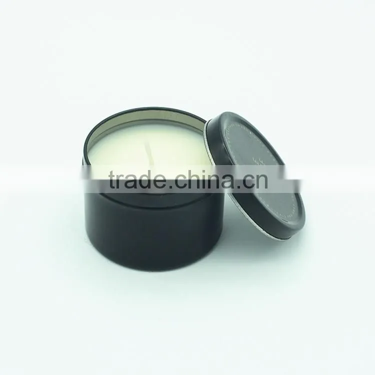 silvery tin scented soy candle with custom sticker