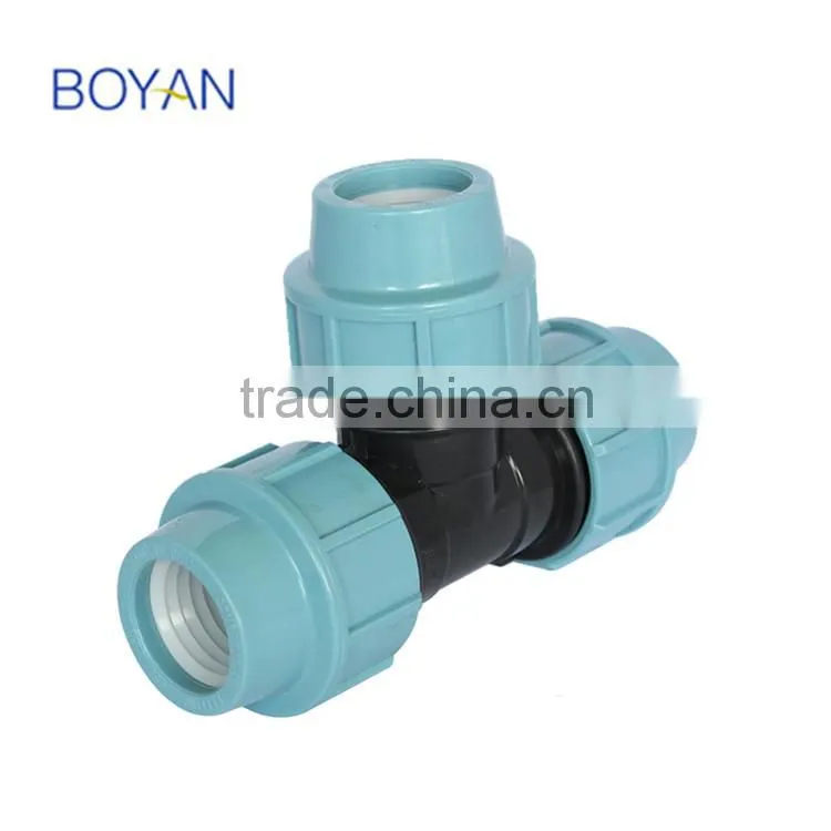 BOYAN zhejiang taizhou light blue 20mm-110mm for irrigation plastic equal tee pp compression fitting