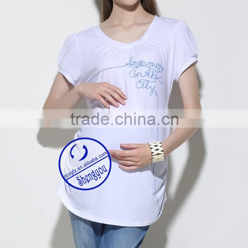 Custom 100% cotton jersey printed short sleeve white maternity t shirt