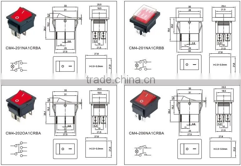 CHIMAI good quality cheaper price rocker switch light t85 250vac 220V colorful 4pin double pole rocker switch