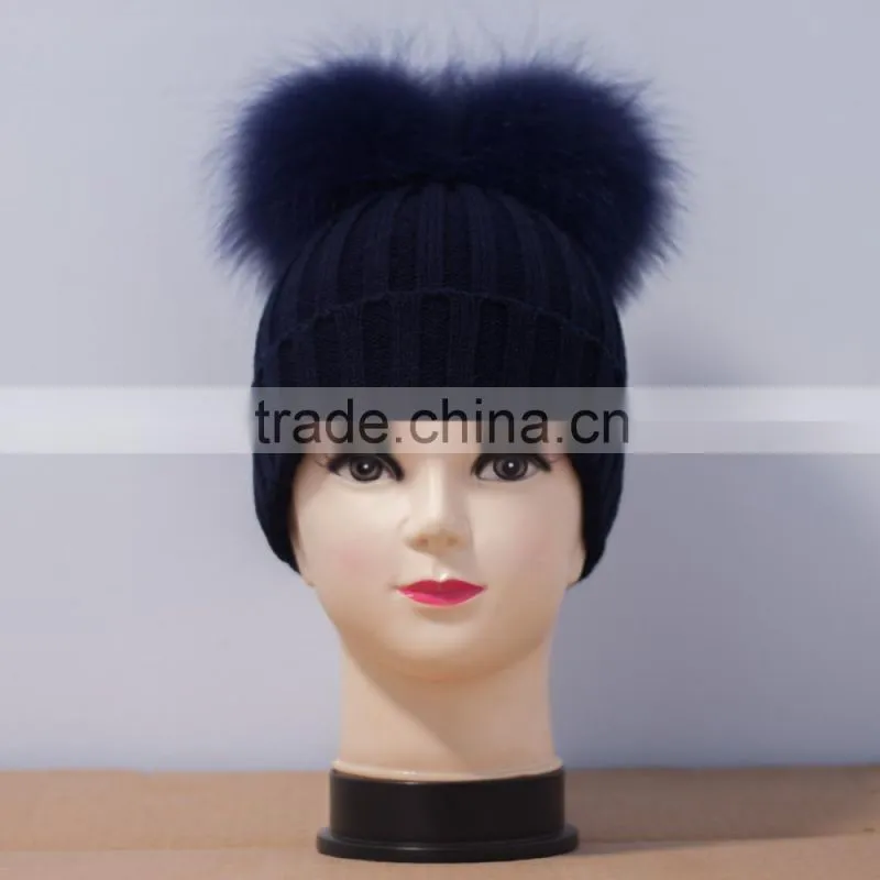 Knitted woolen hat with two big raccoon fur pompoms new design