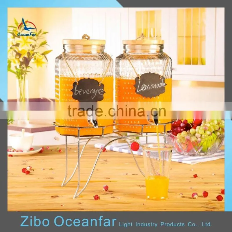 Eco-friendly Twins Glass Jar Set 2 Glass Beverage Dispenser Clear Drink Dispenser Glass With Tap Metal Stand