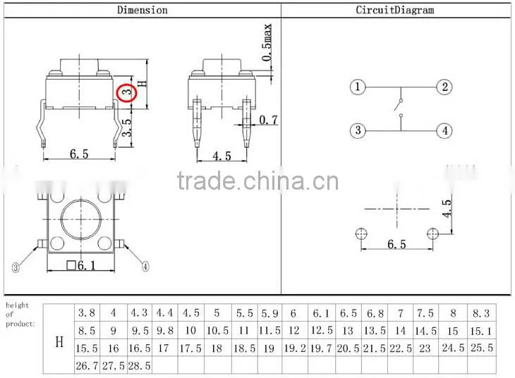 TSA06121 Tact Switch with 3mm height body case