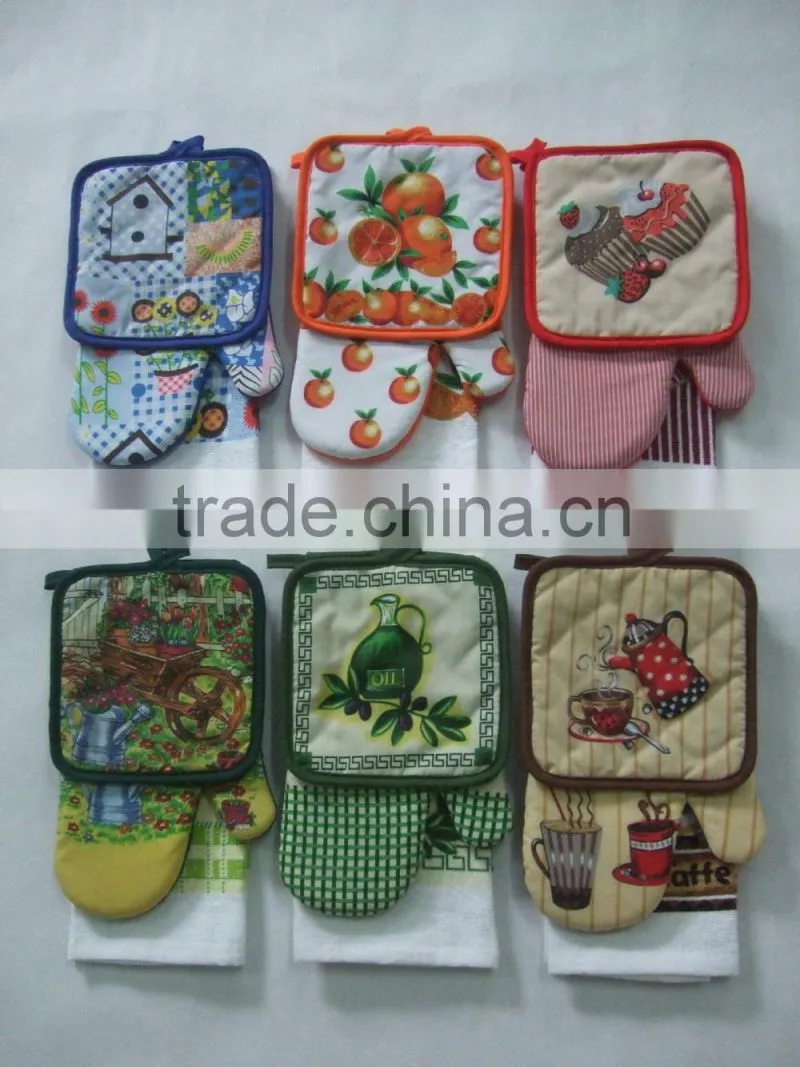 printed cotton kitchen towel set wholesale oven mitten & pot holder christmas design or everyday design