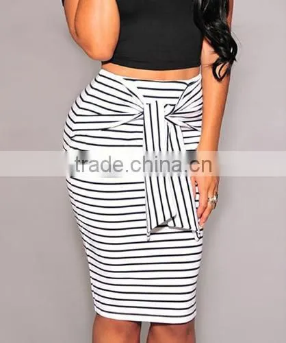 Stylish Ladies Women Sexy High Waist Striped Stretch Bodycon Package Hip Knee Length Skirt