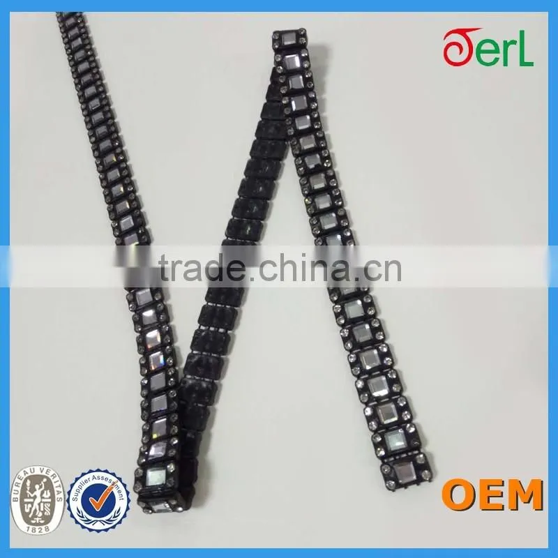 Sew-on square glass with clear diamond on black base setting rhinestone applique trimming for garment supplies