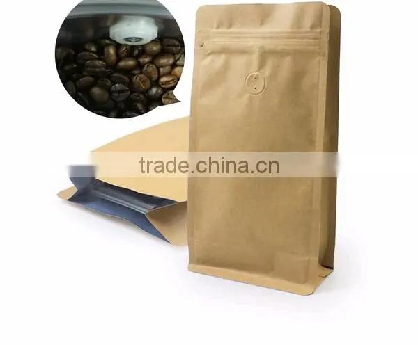 brown kraft paper flat bottom coffee bag with valve