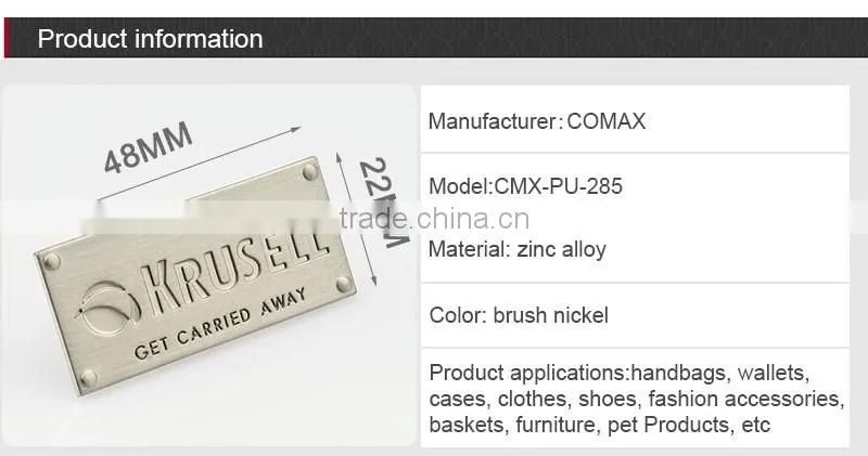 Wholesale fashion engraved custom metal bag label for handbag