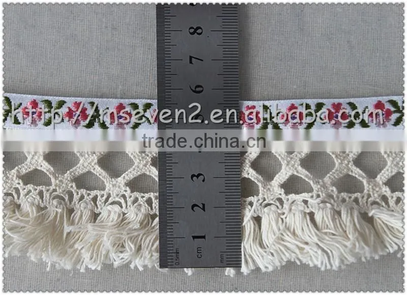 5.7cm fringed cotton jacquard webbing, Jacquard tape with cotton tassel wholesale