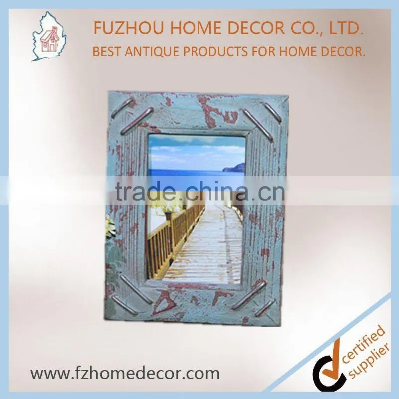Promotional shabby chic wood printing photo frame with blue colour for home decoration