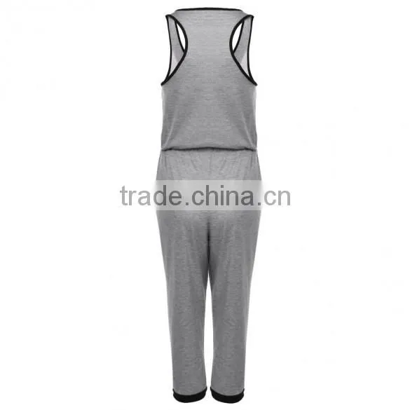 New Fashion O Neck Sleeveless Gray Calf-length Jumpsuit Drawstring Waist Pocket Casual Leisure Loose Romper Sexy Women Playsuit