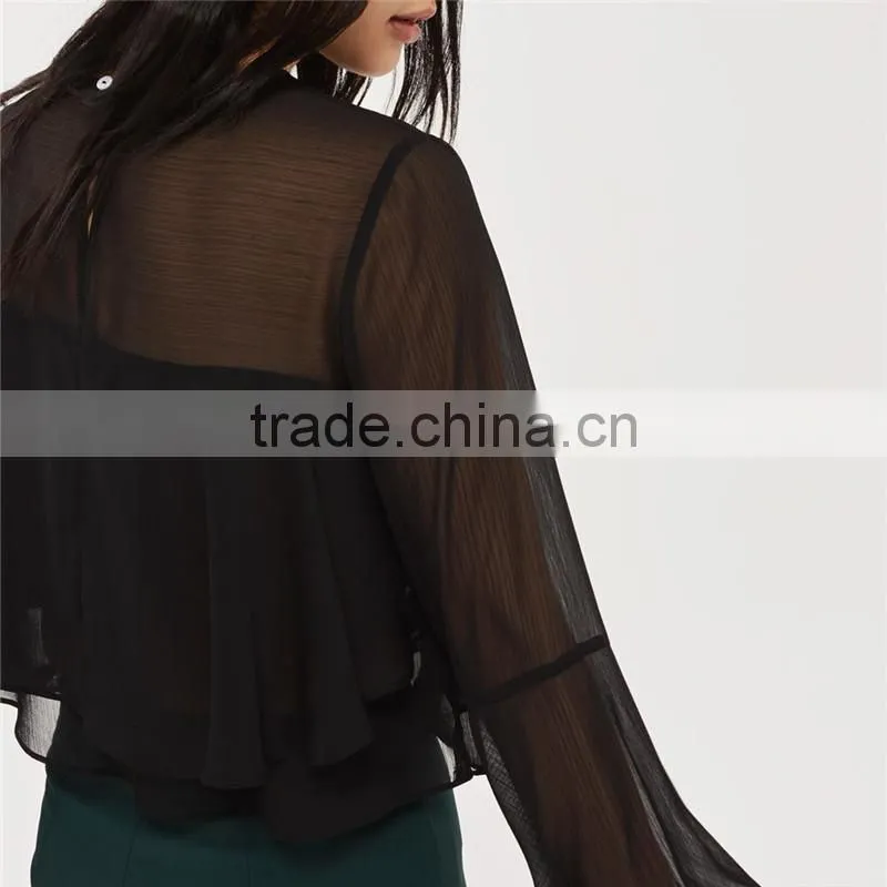 Gorgeous cropped flute crinkle sleeve black semi sheer blouse