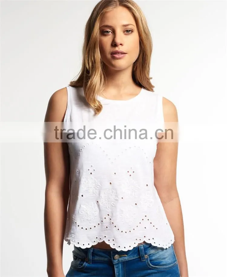 2017 China Shandao High Quality New Fashion Model Sleeveless White Round Neck Cotton Girls Cool Summer Tops