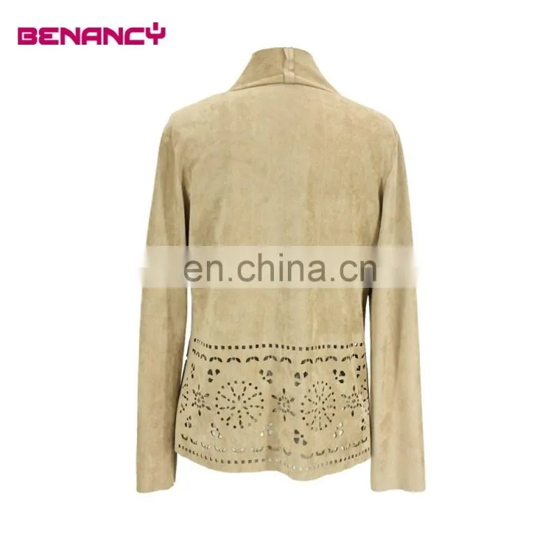 Laser Cut Suede Women Cardigan Office Wear