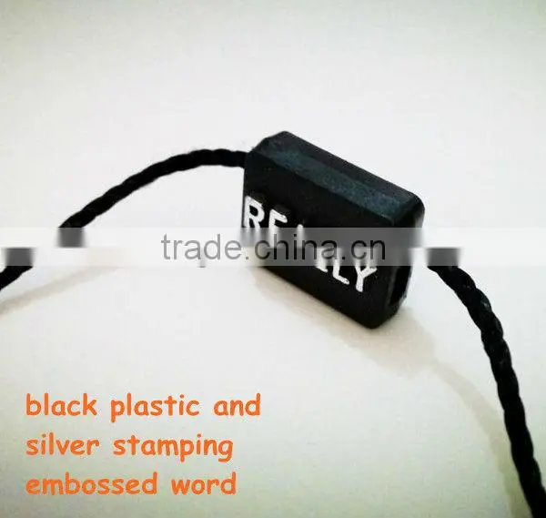 Factory custom black plastic hang tag/string seal with logo printing for sale